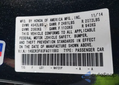 2015 Honda Accord Ex-L V-6 from USA, damaged, VIN 1HGCR3F80FA019609